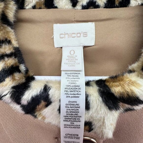Chicos Jacket Womens Small Tan Brown Faux Fur Collar Large Buttons 3/4 Sleeves - Picture 4 of 9